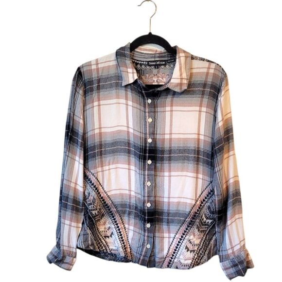 Tolani Collection Women's Black Plaid Floral Embroidered Boho Shirt Size S - Picture 1 of 7